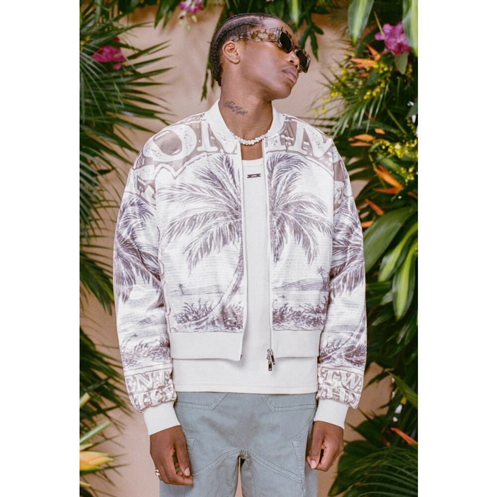 bohooMAN Boxy Satin Printed Bomber Men's Large Jacket‎ Zip-Up Sand Varsity